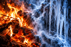 Feuer mit brennenden Holzscheiten und Eis mit gefrorenen Felsen und Eiszapfen – Schamanische Ausbildung II.