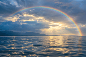 Spirituelles Heilen - Modul 6. Regenbogen über dem Meer zwischen Wolken und Sonnenlicht – Sinnbild für die Segenskräfte der Natur und die Verbindung zwischen Erde und geistigen Welten.