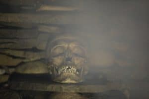 Schamanische Ausbildung Jenseitskunde. Totenkopf im leichten Nebel als Sinnbild für Tod und Jenseitskunde in der schamanischen Ausbildung.