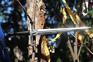 Schamanische ausbildung Seminar 2. Schwert, das an einem Baum hängt – symbolische Darstellung von Willenskraft, innerer Disziplin und bewusster Ausrichtung auf dem schamanischen Weg.