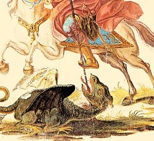 Schamanische Ausbildung Seminar 5. Am Boden liegender Drache mit einem Speer im Maul – mythologische Darstellung der Überwindung zerstörerischer Kräfte durch das Gute.